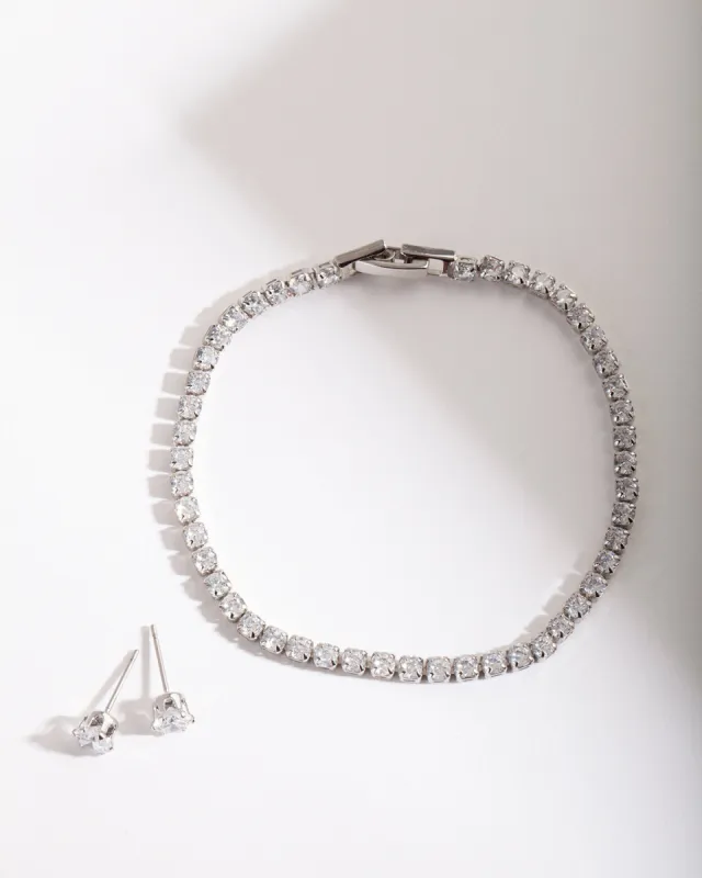 Silver Diamond Simulant Earring & Bracelet Set sold by lovisa