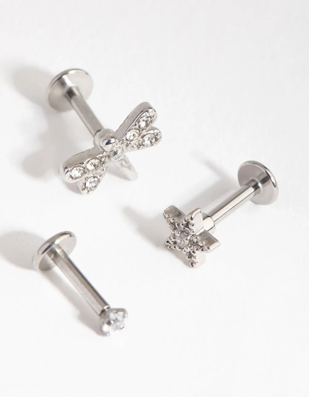 Surgical Steel Rhodium Flower Dragonfly Flat Back Pack sold by lovisa