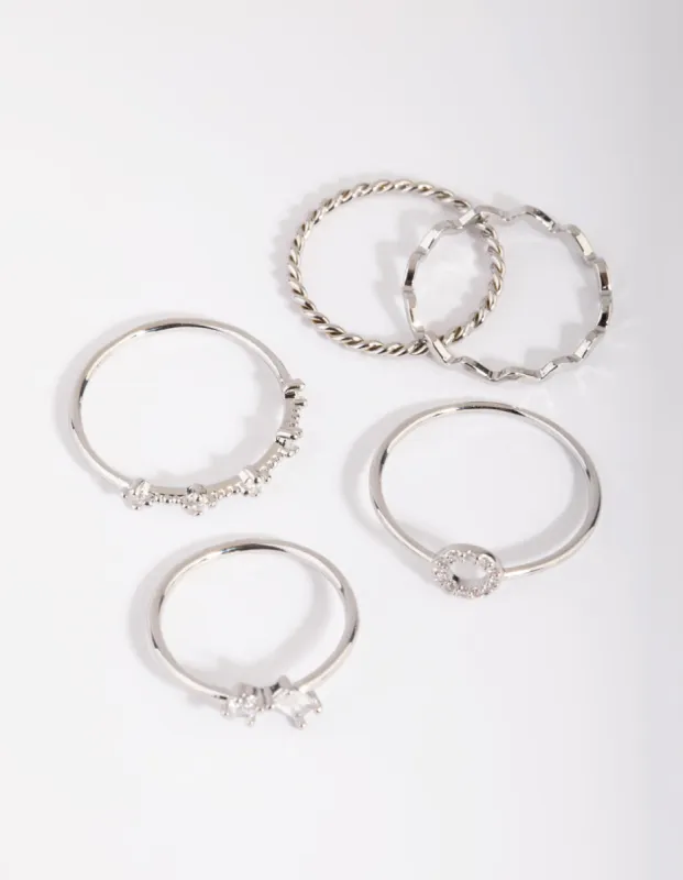 Rhodium Cubic Zirconia Geometric Ring Stack 5-Pack sold by lovisa