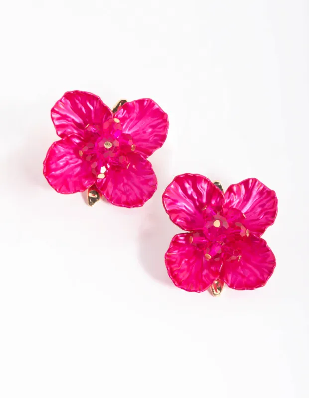 Fuchsia Pearlised Flower Stud Earrings sold by lovisa
