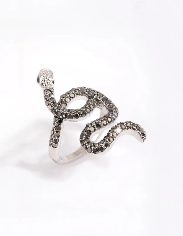 Silver Black Diamante Snake Swirl Ring sold by lovisa