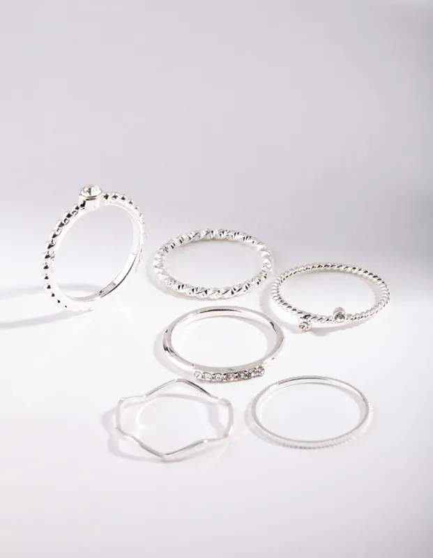 Silver Diamante Mixed Band Ring 6-Pack sold by lovisa