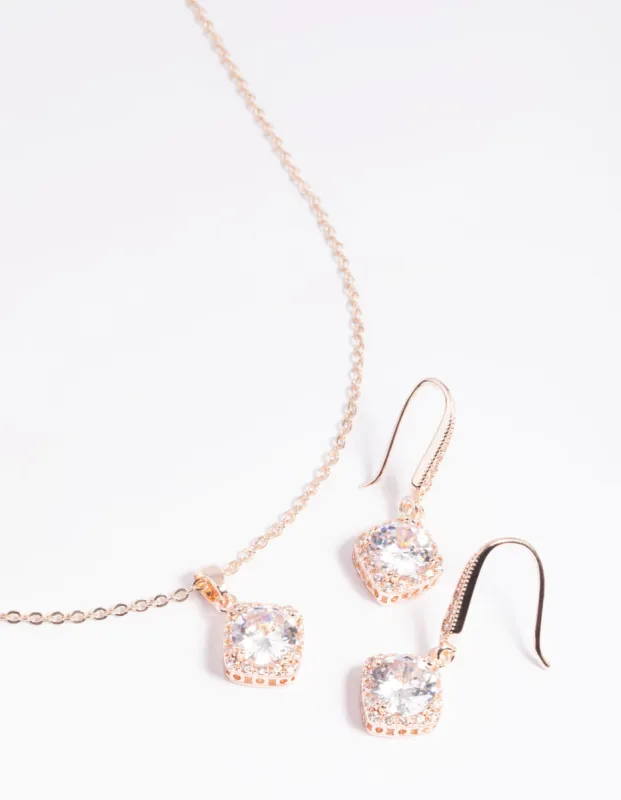Rose Gold Cubic Zirconia Cushion Necklace & Earrings Set sold by lovisa