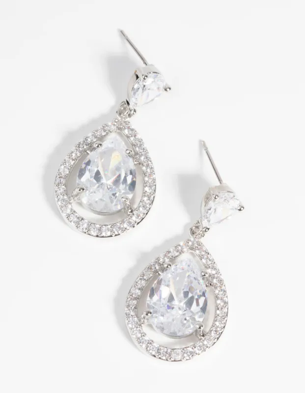 Rhodium Diamond Simulant Halo Teardrop Earrings sold by lovisa
