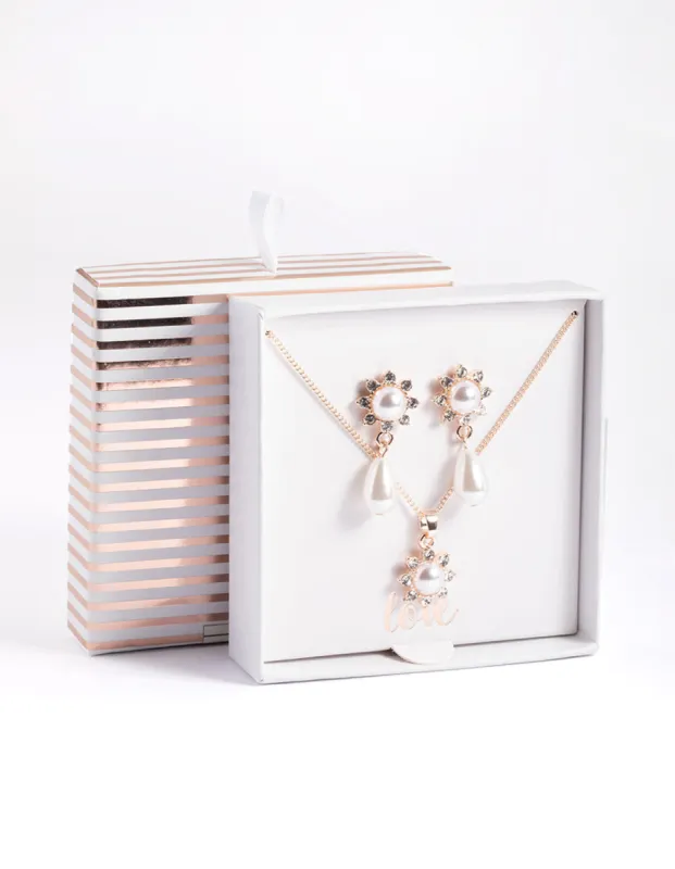 Rose Gold Pearl Flower Necklace & Drop Earrings sold by lovisa