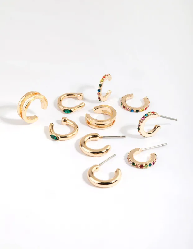 Gold & Colourful Cuff & Huggie Hoop Earring Stack 5-Pack sold by lovisa