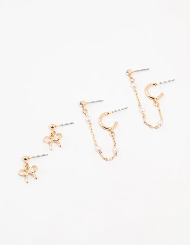 Gold Pearl Chain & Bow Earrings 3-Pack sold by lovisa