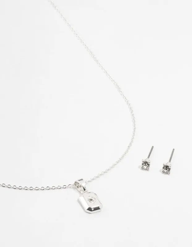 Silver Rectangular Diamante Necklace & Stud Earrings Set sold by lovisa