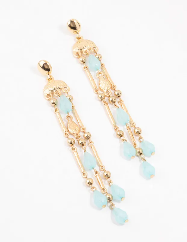 Ornate Gold & Blue Stone Drop Earrings sold by lovisa