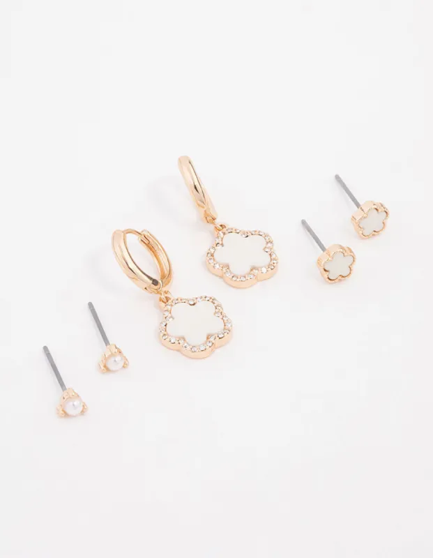 Gold Pearl Flower Classic Earrings 3-Pack sold by lovisa