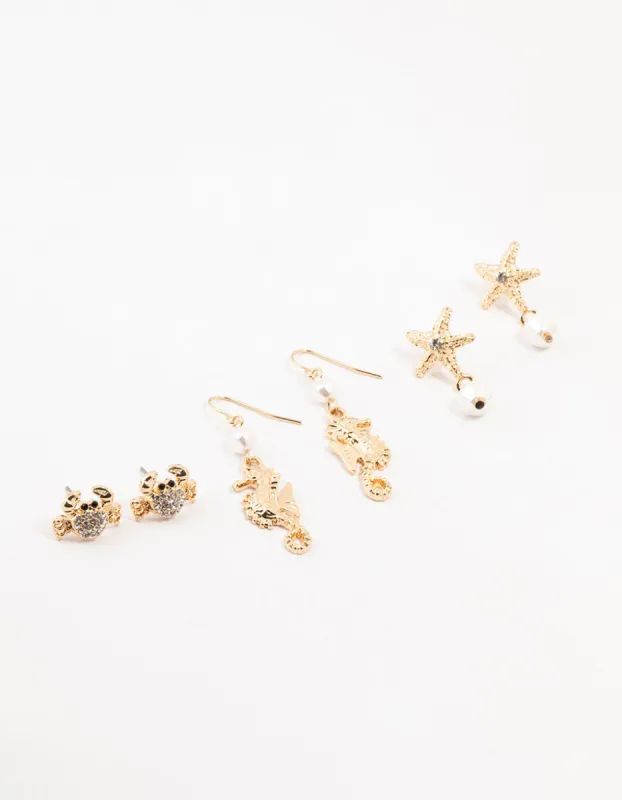 Ocean Sea Creature Gold Earrings 3-Pack sold by lovisa