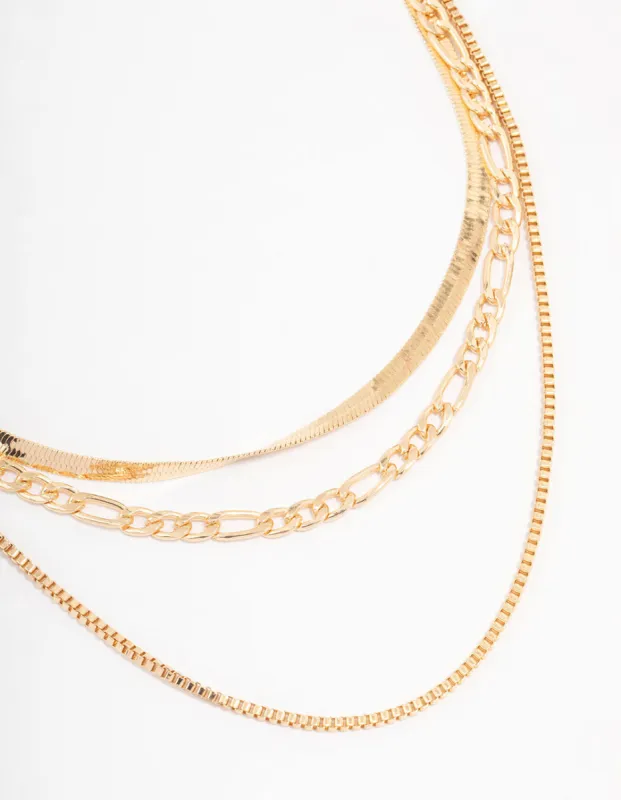 Gold Triple Row Snake Chain & Link Necklace sold by lovisa