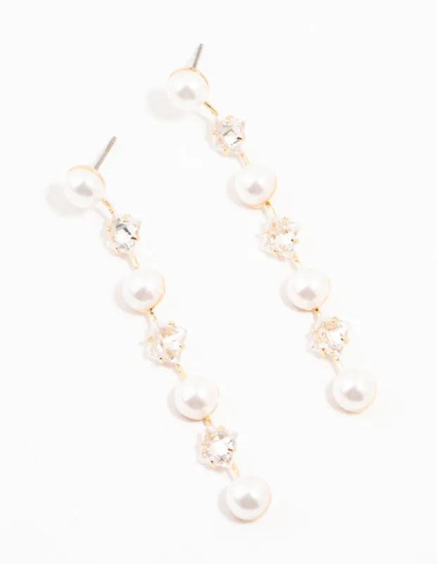 Gold Plated Alternating Pearl & Cubic Zirconia Drop Earrings sold by lovisa