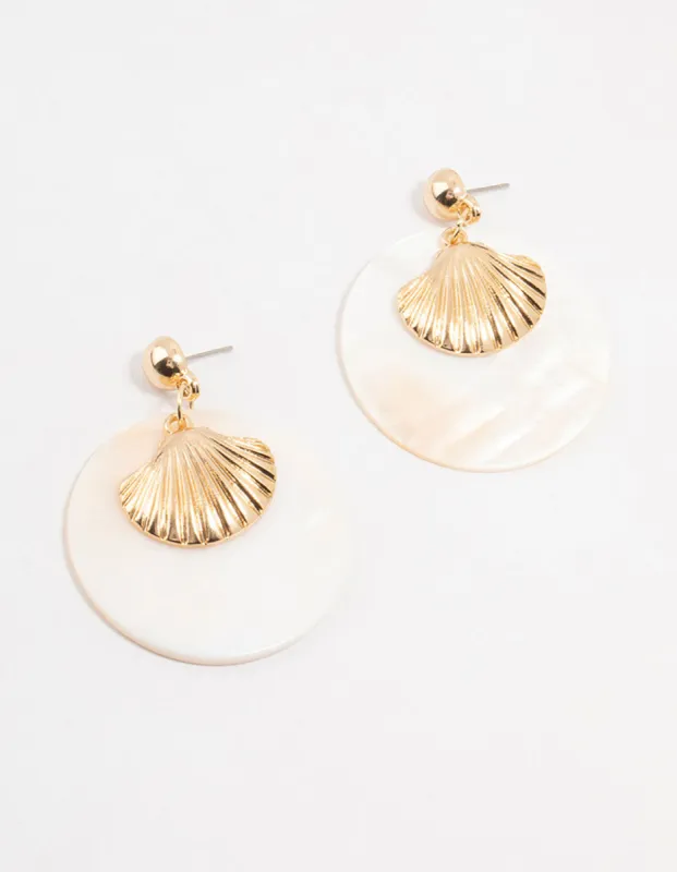Cream Pearlised Disc & Gold Ribbed Shell Drop Earrings sold by lovisa