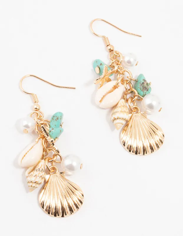 Gold Shell, Pearl & Blue Stone Drop Earrings sold by lovisa
