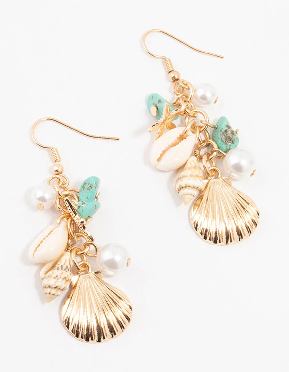 Gold Shell, Pearl & Blue Stone Drop Earrings sold by lovisa