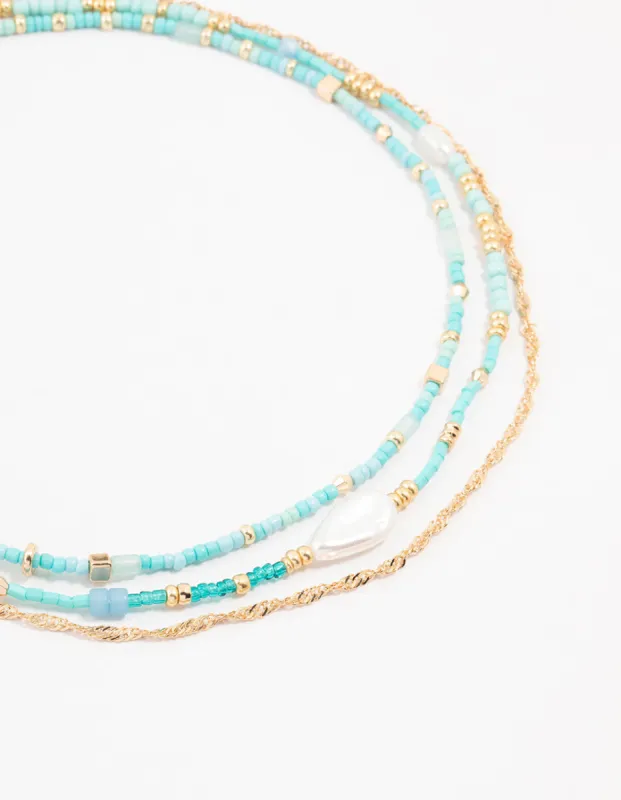 Blue Beaded, Gold & Pearl Layered Choker sold by lovisa