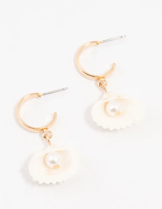 Gold Pearl Clam Hoop Earrings sold by lovisa