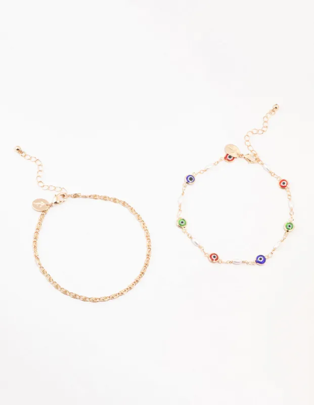 Gold  Pearl & Evil Eye Anklets 2-Pack sold by lovisa