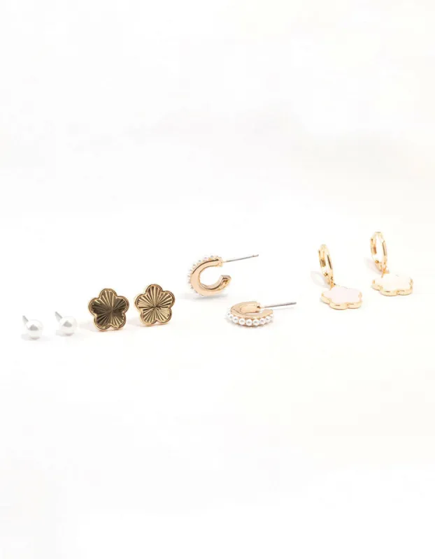 Gold Plated Pearl & Flower Earrings 4-Pack sold by lovisa