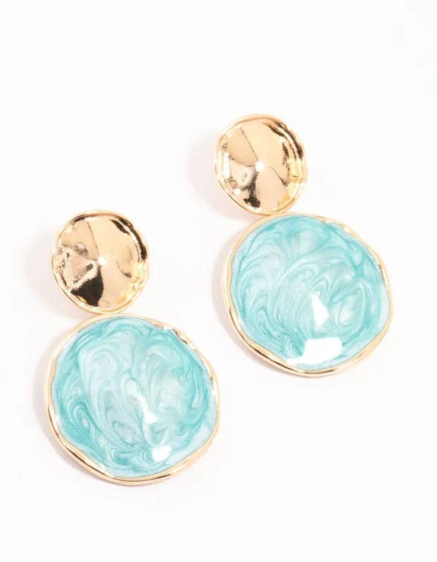 Marbled Blue Double Disc Gold Drop Earrings sold by lovisa