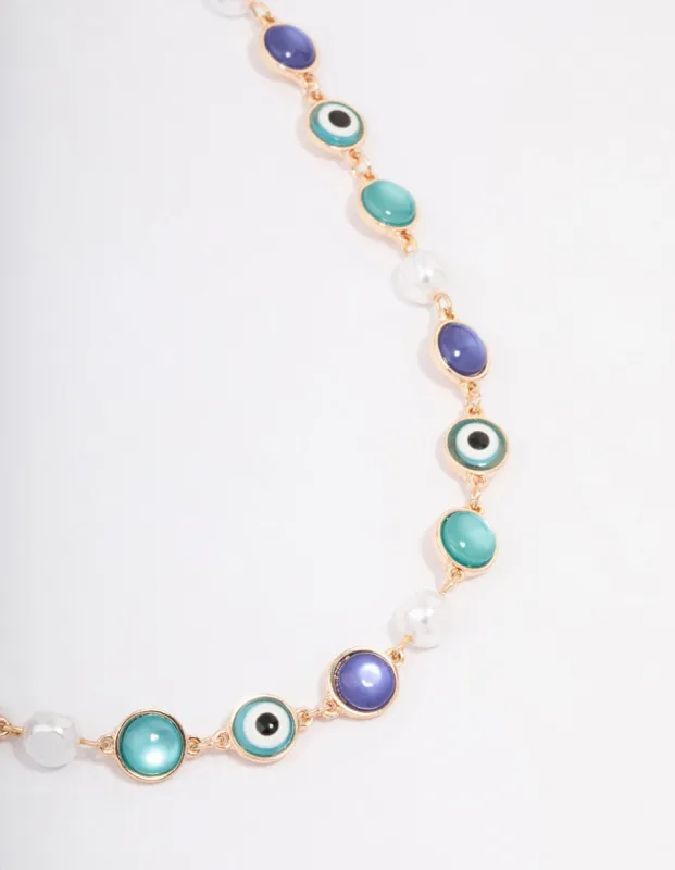 Blue Stone & Evil Eye Motif Gold Necklace sold by lovisa