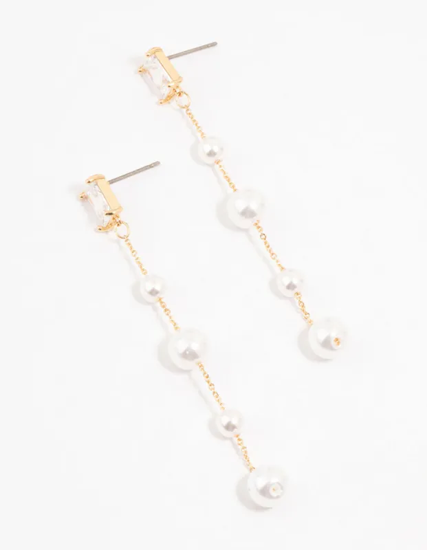 Gold Plated Baguette Station Mixed Pearl Earrings sold by lovisa