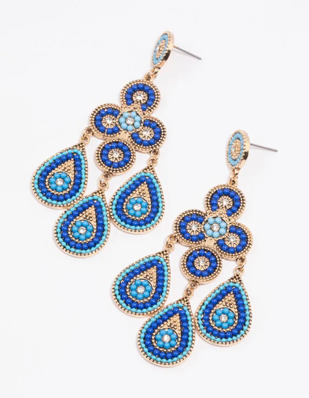 Gold Blue Beaded Multirow Drop Earrings sold by lovisa
