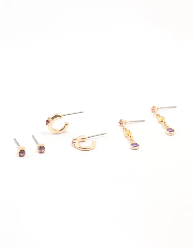 Gold Mixed Round & Marquise Purple Diamante Crystal Earrings 3-Pack sold by lovisa