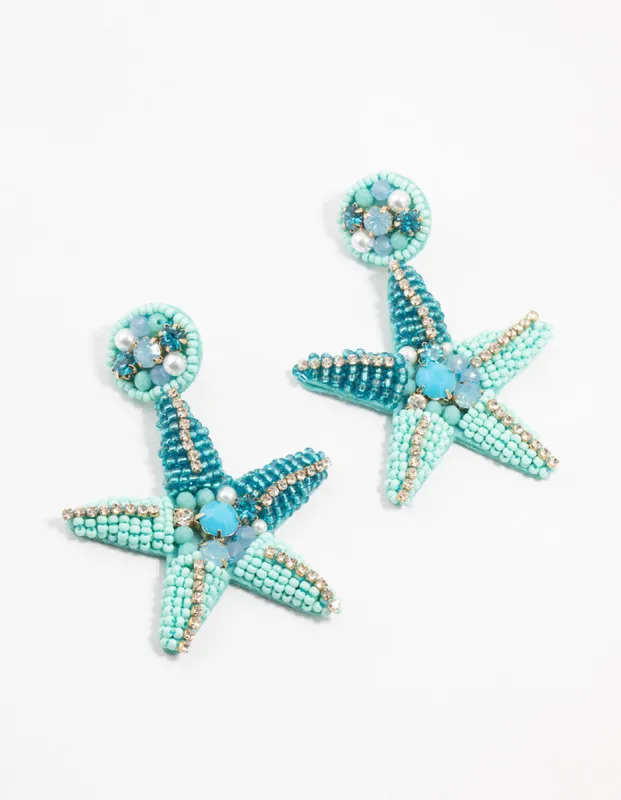 Blue Beaded Starfish Drop Earrings sold by lovisa