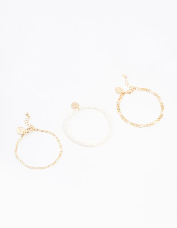 Gold Mixed Chain And Pearl Bracelets 3-Pack sold by lovisa