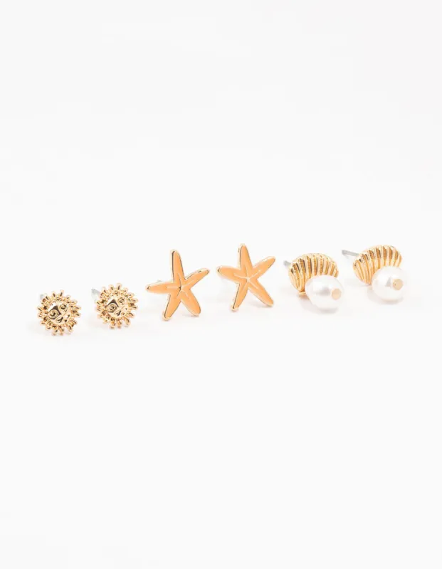 Gold Beachy Earrings 3-Pack sold by lovisa