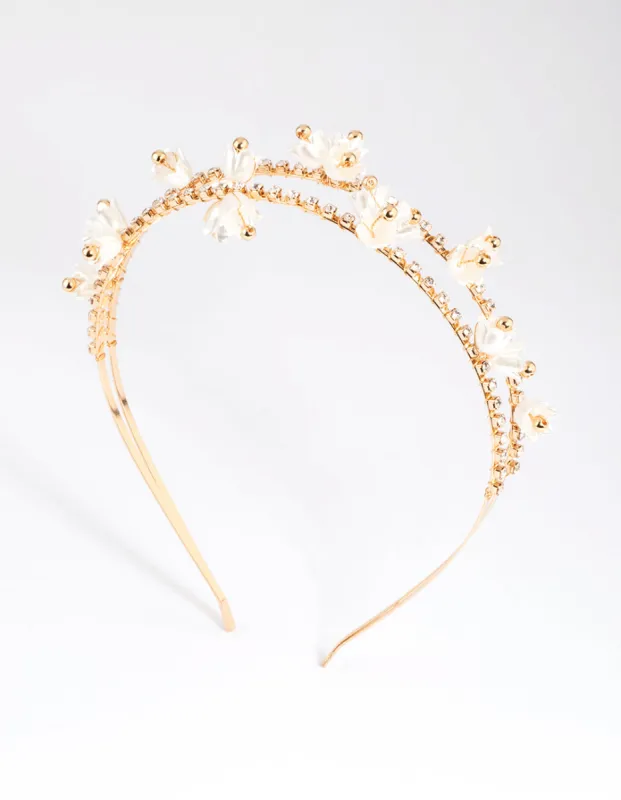 Gold Pearlised Flower Headband sold by lovisa