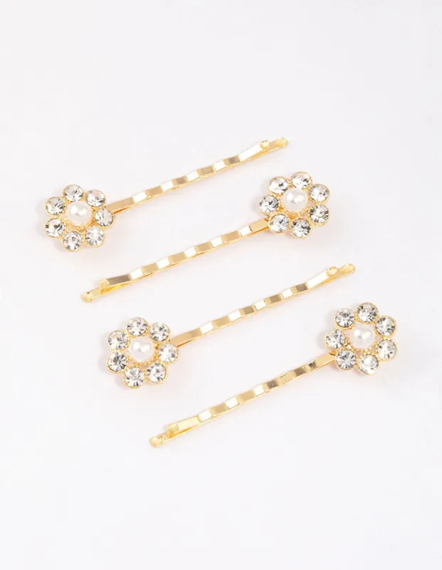 Gold Diamante & Pearl Hair Slides 4-Pack sold by lovisa