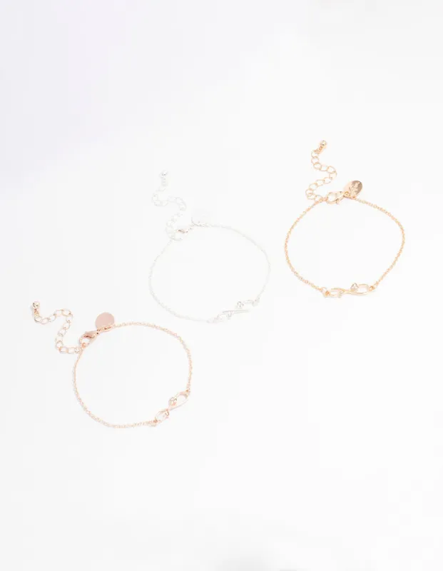 Mixed Metal Diamante Infinity Bracelet 3-Pack sold by lovisa