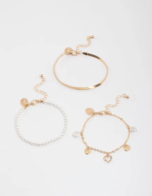 Gold Pearl & Heart Charm Bracelet Pack sold by lovisa