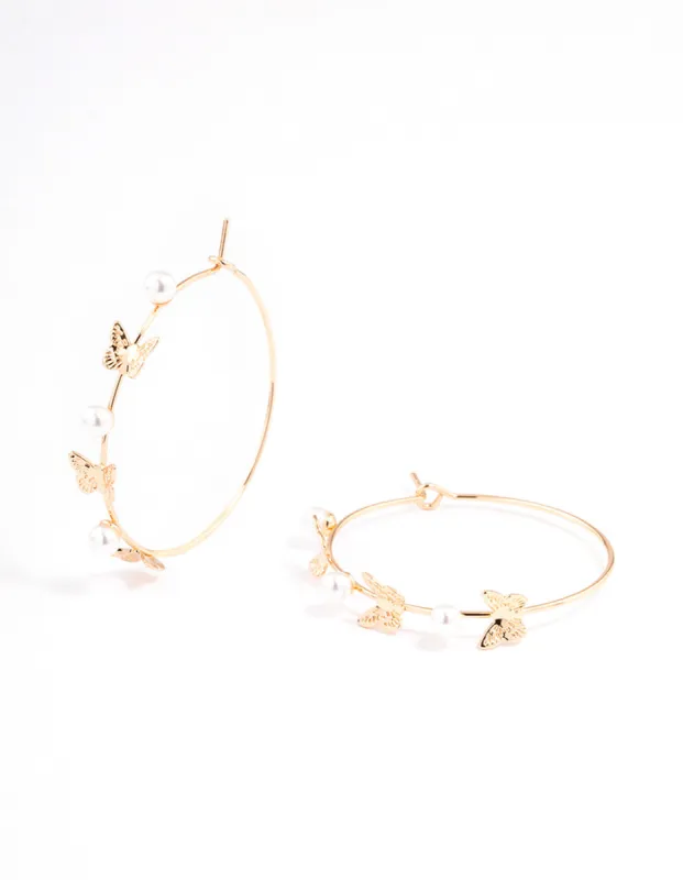 Gold Dainty Butterfly & Pearl Hoop Earrings sold by lovisa