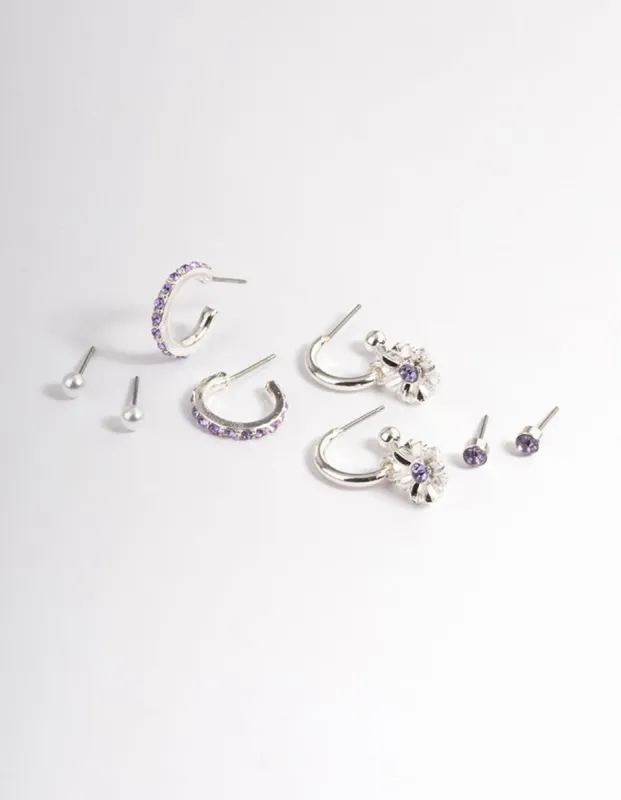 Silver Diamante Purple Daisy Earrings 4-Pack sold by lovisa