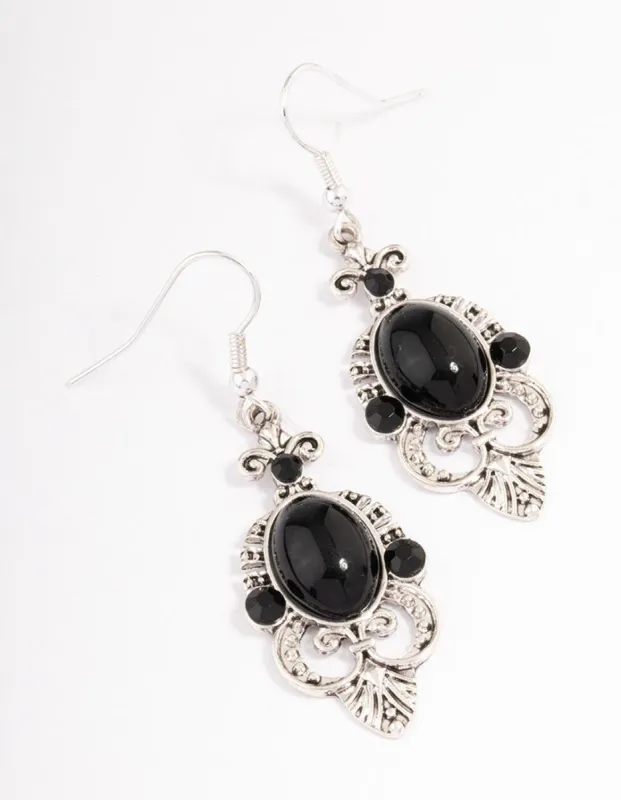 Black Oval Ornate Drop Earrings sold by lovisa