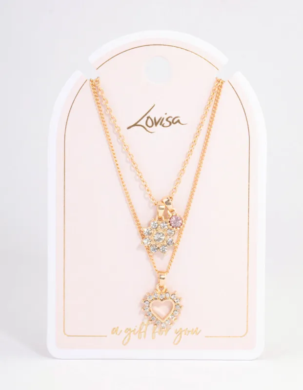 Pink Diamante Flower & Heart Layered Necklace sold by lovisa