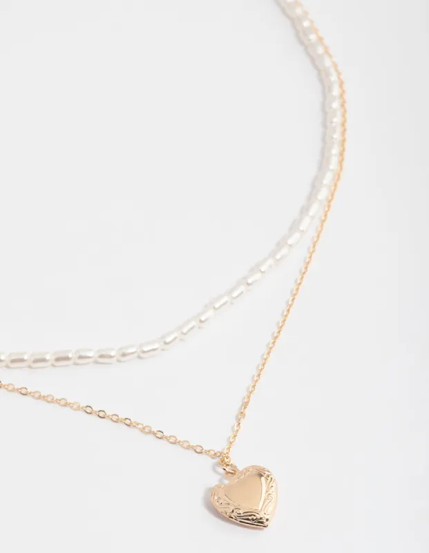 Gold Double Row Pearl Chain & Heart Locket Necklace sold by lovisa