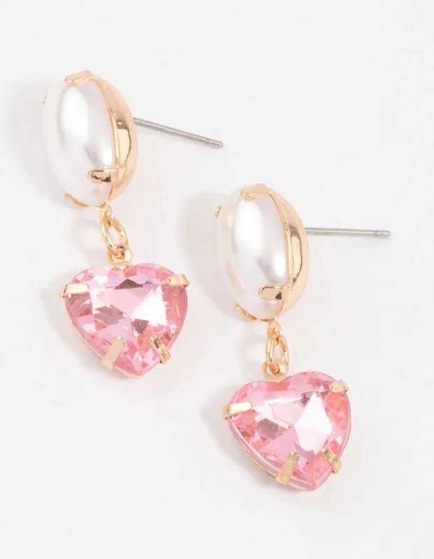 Red Pearl & Heart Diamante Drop Earrings sold by lovisa