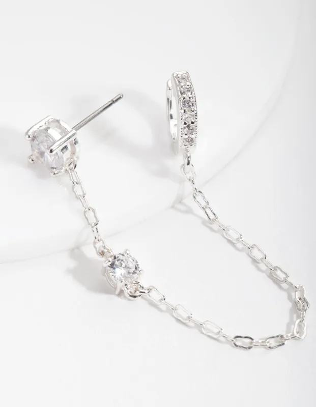 Silver Stud & Chain Diamante Huggie Earrings sold by lovisa