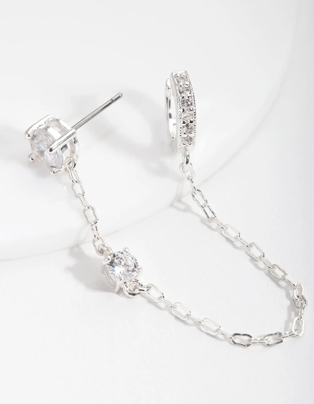 Silver Stud & Chain Diamante Huggie Earrings sold by lovisa