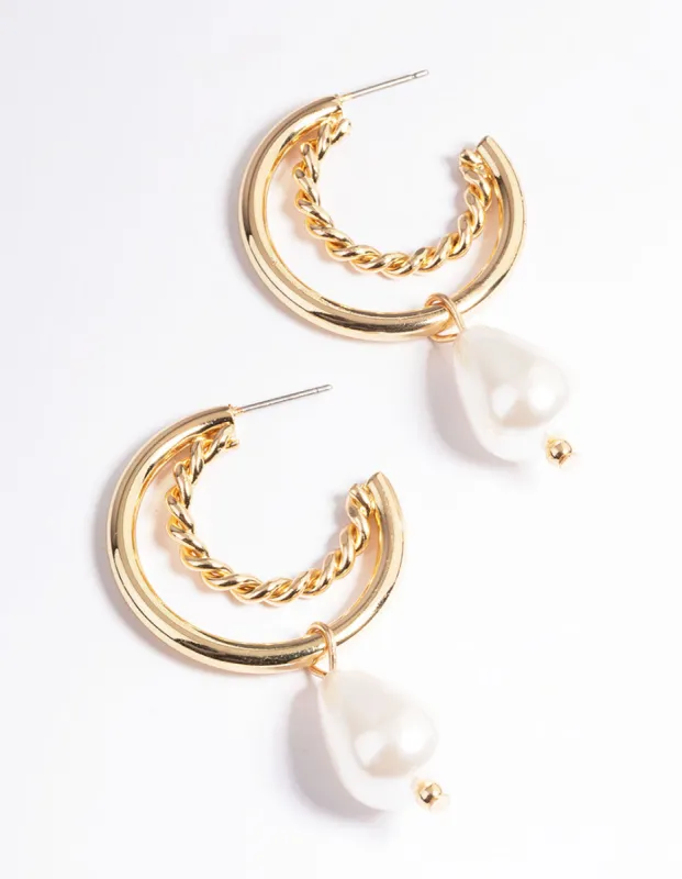 Gold Plain & Twist Pearl Hoop Earrings sold by lovisa