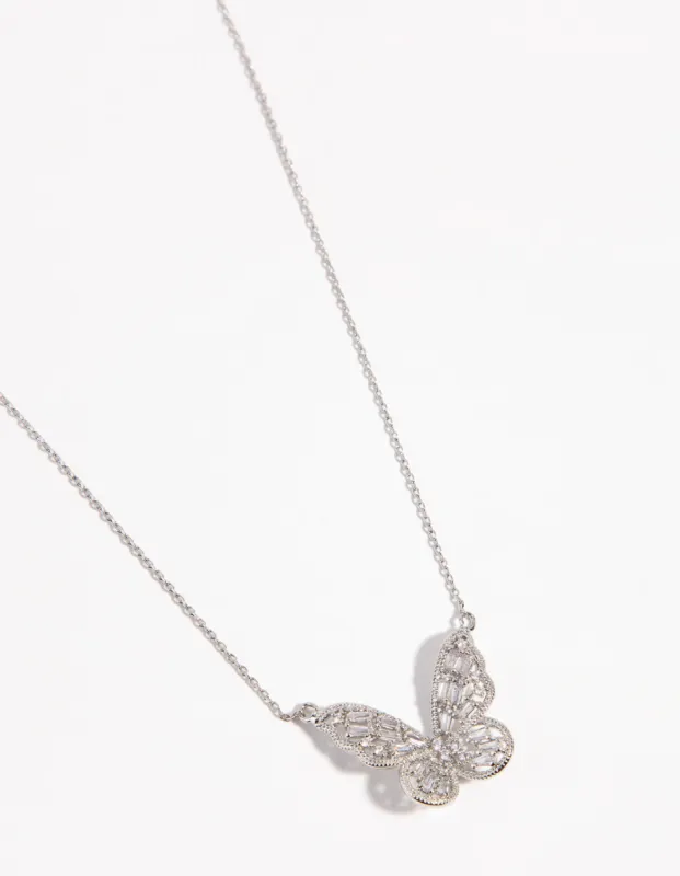 Rhodium Cubic Zirconia Baguette Butterfly Necklace sold by lovisa