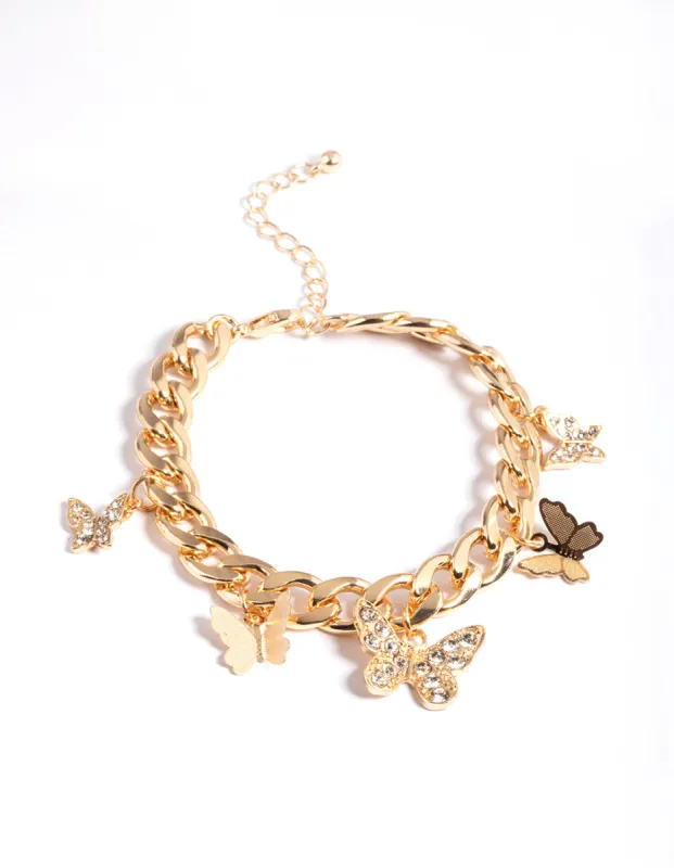 Gold Mixed Diamante Butterfly Charm Bracelet sold by lovisa