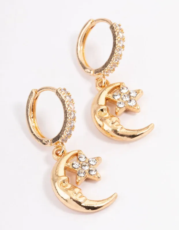Gold Moon Face Star Huggie Earrings sold by lovisa