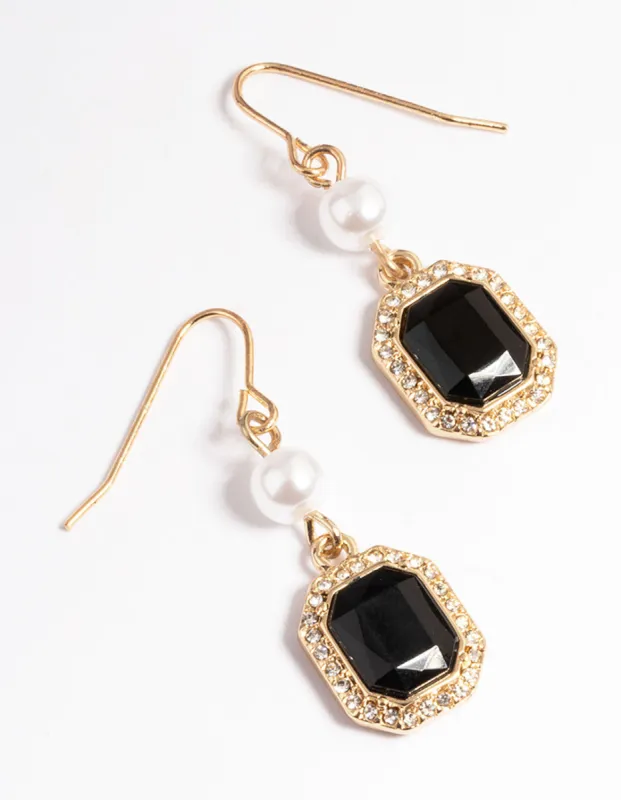 Gold Black Diamante & Pearl Radiant Drop Earrings sold by lovisa
