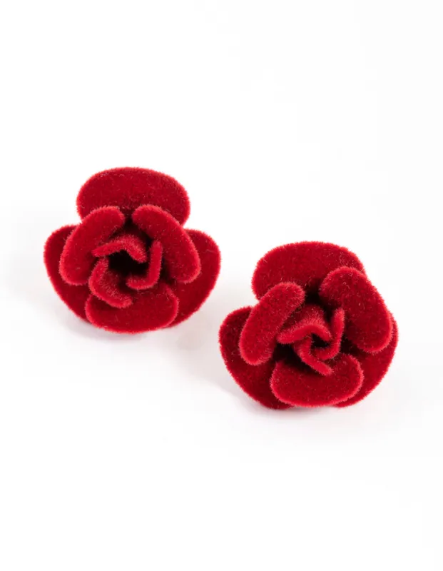 Red Fabric Velvet Rose Stud Earrings sold by lovisa